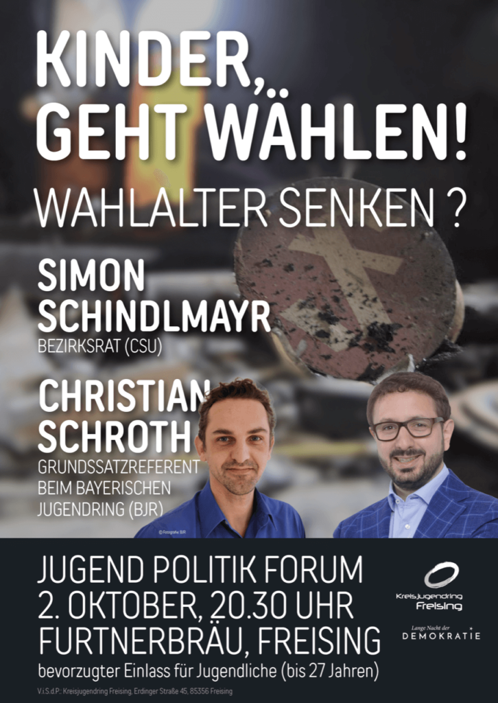 Jugendpolitikforum zjm Thema "Wahlalter senken" am 2. Oktober um 20:30 Uhr im Furtnerbräu Freising