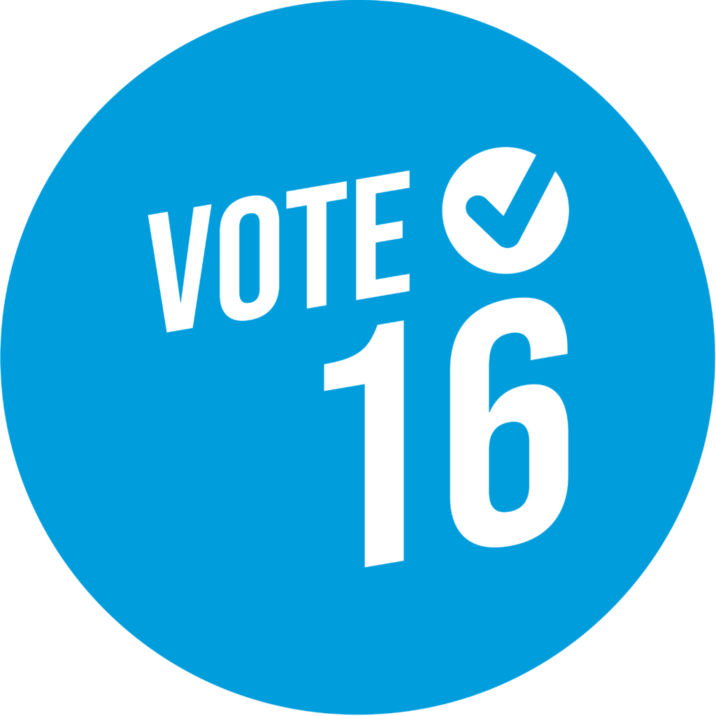 blauer Kreis mit "Vote 16" Schriftzug im INnneren