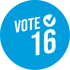 blauer Kreis mit "Vote 16" Schriftzug im INnneren